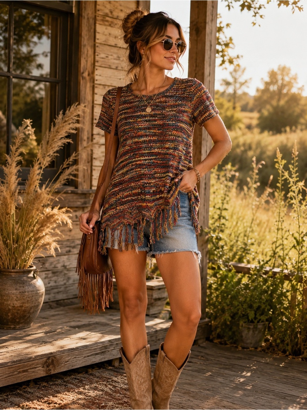 JohnPaulRichard Knit Fringe Top M Boho Western Festival